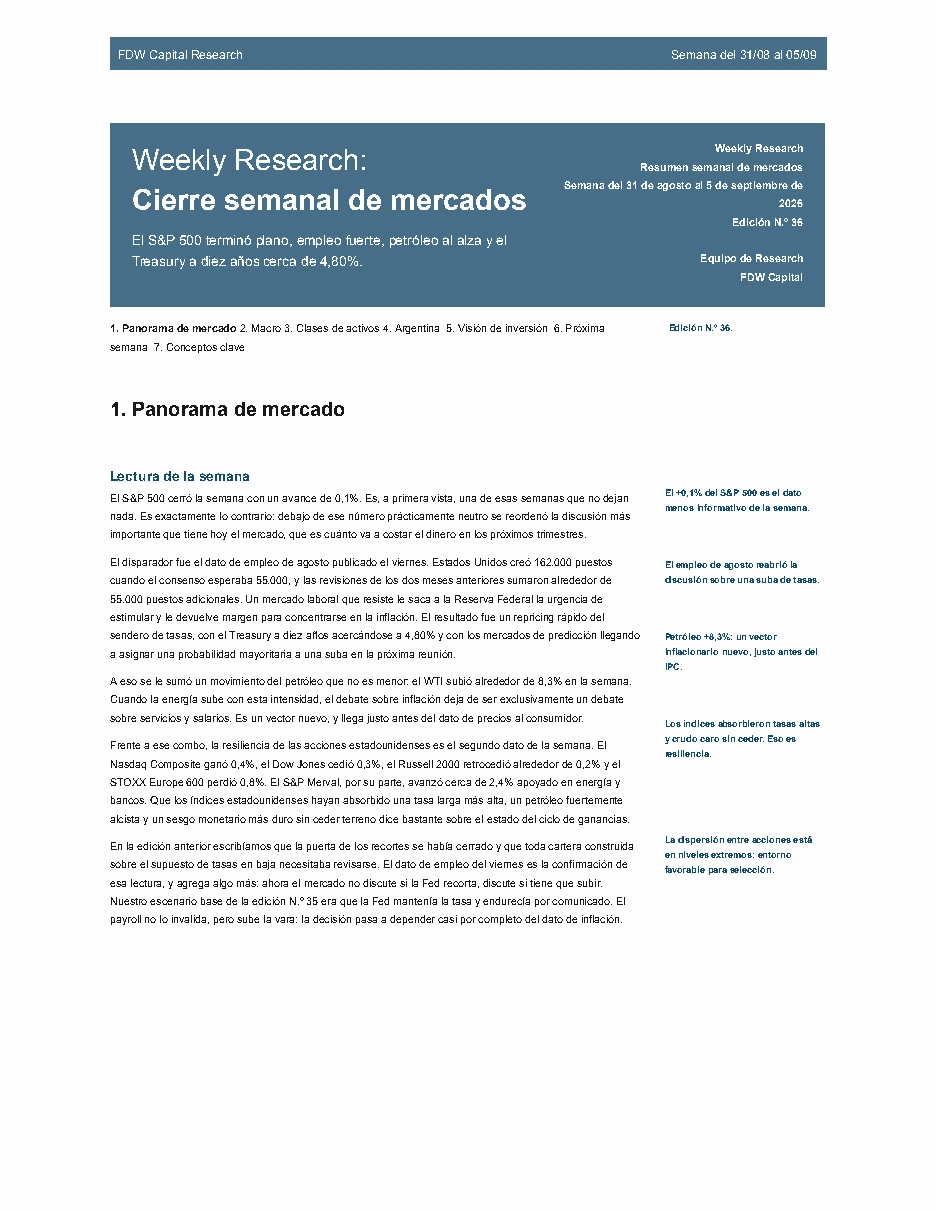 Primera página del Weekly Research de FDW Capital, edición 36